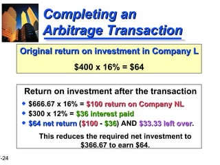 Completing an Arbitrage Transaction Original return on investment in Company L $400 x 16% = $64 Return on investment after the transaction $666.67 x 16% =  $100 return on Company NL $300 x 12% =  $36 interest paid $64 net return  ( $100  -  $36 ) AND  $33.33 left over . This reduces the required net investment to $366.67 to earn $64. 