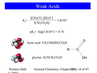 Weak Acids

                  [CH3CO2-][H3O+]
          Ka=                     = 1.810-5
                    [CH3CO2H]

                 pKa= -log(1.810-5) = 4.74

                                                       O
                lactic acid CH3CH(OH) CO2H

                                              R    C

                   glycine H2NCH2CO2H                  OH


Prentice-Hall       General Chemistry: ChapterSlide 14 of 47
                                               17
 