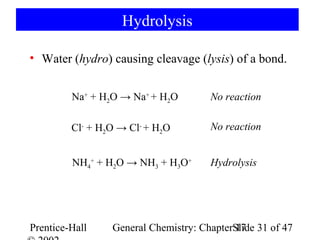 Hydrolysis

• Water (hydro) causing cleavage (lysis) of a bond.


         Na+ + H2O → Na+ + H2O        No reaction

         Cl- + H2O → Cl- + H2O        No reaction


         NH4+ + H2O → NH3 + H3O+      Hydrolysis




Prentice-Hall    General Chemistry: ChapterSlide 31 of 47
                                            17
 