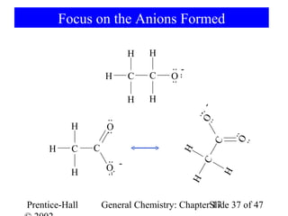 Focus on the Anions Formed

                            H   H
                                     ·· -
                     H      C   C    O




                                      ··
                                     ··
                            H   H




                                             O -
                                             ··




                                               ··
                     ··




                                            ··
           H         O
                     ··




                                                       O··
                                                  C


                                                      ··
     H     C    C



                                        H
                     ··
                     O· -



                                                C
           H         ···




                                                    H
                                            H
Prentice-Hall       General Chemistry: ChapterSlide 37 of 47
                                               17
 