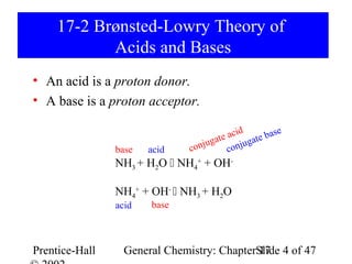 17-2 Brønsted-Lowry Theory of
            Acids and Bases
• An acid is a proton donor.
• A base is a proton acceptor.

                                             id       e
                                      at e ac gate bas
                base   acid    co njug conju
                NH3 + H2O  NH4+ + OH-

                NH4+ + OH-  NH3 + H2O
                acid   base



Prentice-Hall     General Chemistry: ChapterSlide 4 of 47
                                             17
 