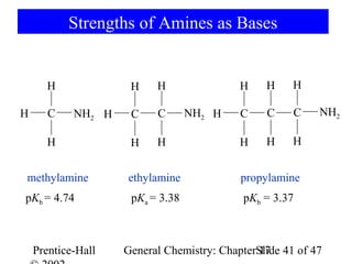 Strengths of Amines as Bases


      H              H    H                H    H     H

H      C    NH2 H    C    C       NH2 H    C    C     C    NH2

      H              H    H                H    H     H


methylamine         ethylamine             propylamine
pKb = 4.74           pKa = 3.38             pKb = 3.37



    Prentice-Hall   General Chemistry: ChapterSlide 41 of 47
                                               17
 