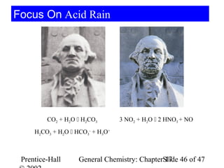 Focus On Acid Rain




         CO2 + H2O  H2CO3        3 NO2 + H2O  2 HNO3 + NO
     H2CO3 + H2O  HCO3- + H3O+



 Prentice-Hall      General Chemistry: ChapterSlide 46 of 47
                                               17
 