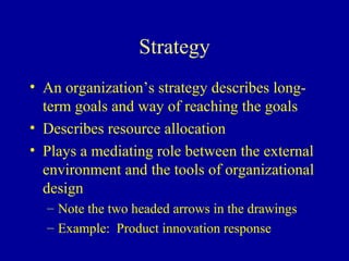 Strategy
• An organization’s strategy describes long-
  term goals and way of reaching the goals
• Describes resource allocation
• Plays a mediating role between the external
  environment and the tools of organizational
  design
  – Note the two headed arrows in the drawings
  – Example: Product innovation response
 