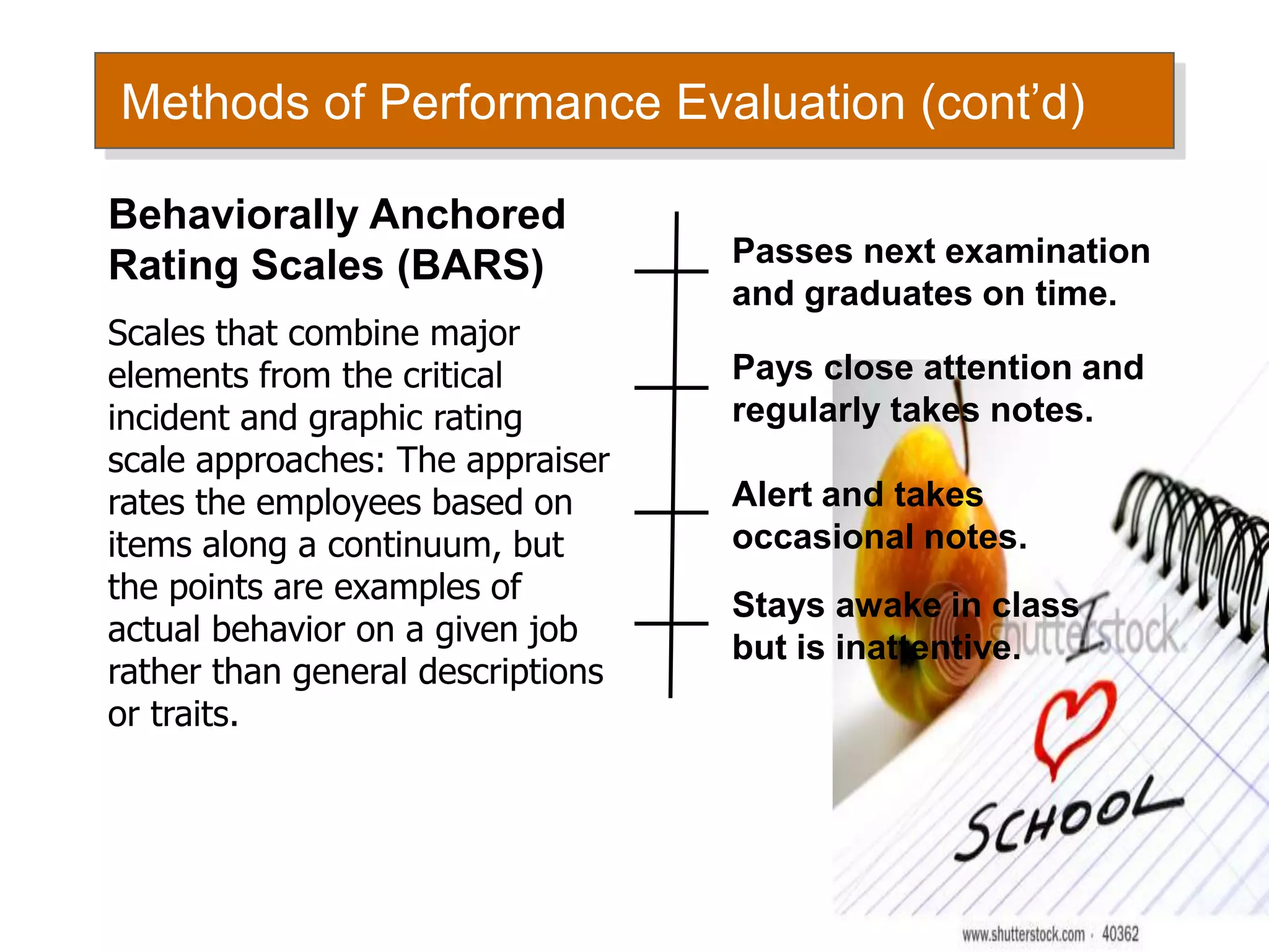 Methods of Performance Evaluation (cont’d)
Stays awake in class
but is inattentive.
Alert and takes
occasional notes.
Pays close attention and
regularly takes notes.
Passes next examination
and graduates on time.
Behaviorally Anchored
Rating Scales (BARS)
Scales that combine major
elements from the critical
incident and graphic rating
scale approaches: The appraiser
rates the employees based on
items along a continuum, but
the points are examples of
actual behavior on a given job
rather than general descriptions
or traits.
 