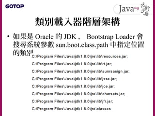 類別載入器階層架構
• 如果是 Oracle 的 JDK ， Bootstrap Loader 會
搜尋系統參數 sun.boot.class.path 中指定位置
的類別
 
