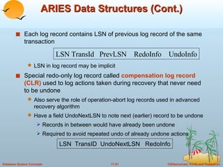 ARIES Data Structures (Cont.) Each log record contains LSN of previous log record of the same transaction LSN in log record may be implicit Special redo-only log record called  compensation log record (CLR)  used to log actions taken during recovery that never need to be undone Also serve the role of operation-abort log records used in advanced recovery algorithm Have a field UndoNextLSN to note next (earlier) record to be undone Records in between would have already been undone Required to avoid repeated undo of already undone actions LSN TransId  PrevLSN  RedoInfo  UndoInfo LSN  TransID  UndoNextLSN  RedoInfo 