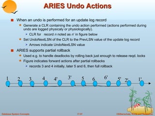 ARIES Undo Actions When an undo is performed for an update log record Generate a CLR containing the undo action performed (actions performed during undo are logged physicaly or physiologically).  CLR for  record  n  noted as  n ’ in figure below Set UndoNextLSN of the CLR to the PrevLSN value of the update log record Arrows indicate UndoNextLSN value ARIES supports partial rollback Used e.g. to handle deadlocks by rolling back just enough to release reqd. locks Figure indicates forward actions after partial rollbacks  records 3 and 4 initially, later 5 and 6, then full rollback 1 2 3 4 4' 3' 5 6 5' 2' 1' 6' 