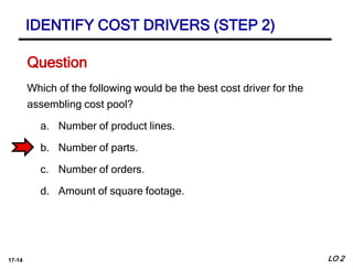 17-14
Which of the following would be the best cost driver for the
assembling cost pool?
a. Number of product lines.
b. Number of parts.
c. Number of orders.
d. Amount of square footage.
Question
LO 2
IDENTIFY COST DRIVERS (STEP 2)
 