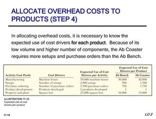 17-16
In allocating overhead costs, it is necessary to know the
expected use of cost drivers for each product. Because of its
low volume and higher number of components, the Ab Coaster
requires more setups and purchase orders than the Ab Bench.
ALLOCATE OVERHEAD COSTS TO
PRODUCTS (STEP 4)
ILLUSTRATION 17-10
Expected use of cost
drivers per product
LO 2
 
