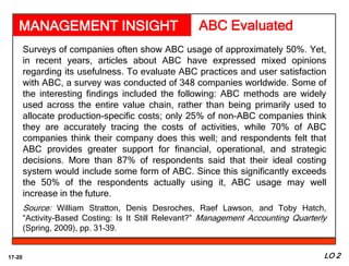 17-20
MANAGEMENT INSIGHT
Surveys of companies often show ABC usage of approximately 50%. Yet,
in recent years, articles about ABC have expressed mixed opinions
regarding its usefulness. To evaluate ABC practices and user satisfaction
with ABC, a survey was conducted of 348 companies worldwide. Some of
the interesting findings included the following: ABC methods are widely
used across the entire value chain, rather than being primarily used to
allocate production-specific costs; only 25% of non-ABC companies think
they are accurately tracing the costs of activities, while 70% of ABC
companies think their company does this well; and respondents felt that
ABC provides greater support for financial, operational, and strategic
decisions. More than 87% of respondents said that their ideal costing
system would include some form of ABC. Since this significantly exceeds
the 50% of the respondents actually using it, ABC usage may well
increase in the future.
Source: William Stratton, Denis Desroches, Raef Lawson, and Toby Hatch,
“Activity-Based Costing: Is It Still Relevant?” Management Accounting Quarterly
(Spring, 2009), pp. 31–39.
ABC Evaluated
LO 2
 