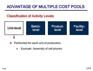 17-24
Batch-
level
Facility-
level
 Performed for each unit of production.
► Example: Assembly of cell phones
Unit-level
Product-
level
ADVANTAGE OF MULTIPLE COST POOLS
Classification of Activity Levels
LO 3
 