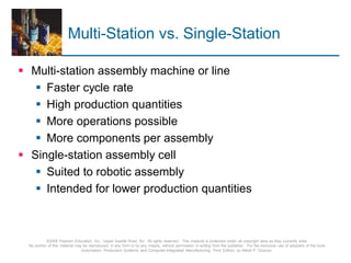 © 2008 Pearson Education, Inc., Upper Saddle River, NJ. All rights reserved. This material is protected under all copyright laws as they currently exist.
No portion of this material may be reproduced, in any form or by any means, without permission in writing from the publisher. For the exclusive use of adopters of the book
Automation, Production Systems, and Computer-Integrated Manufacturing, Third Edition, by Mikell P. Groover.
Multi-Station vs. Single-Station
 Multi-station assembly machine or line
 Faster cycle rate
 High production quantities
 More operations possible
 More components per assembly
 Single-station assembly cell
 Suited to robotic assembly
 Intended for lower production quantities
 