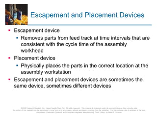 © 2008 Pearson Education, Inc., Upper Saddle River, NJ. All rights reserved. This material is protected under all copyright laws as they currently exist.
No portion of this material may be reproduced, in any form or by any means, without permission in writing from the publisher. For the exclusive use of adopters of the book
Automation, Production Systems, and Computer-Integrated Manufacturing, Third Edition, by Mikell P. Groover.
Escapement and Placement Devices
 Escapement device
 Removes parts from feed track at time intervals that are
consistent with the cycle time of the assembly
workhead
 Placement device
 Physically places the parts in the correct location at the
assembly workstation
 Escapement and placement devices are sometimes the
same device, sometimes different devices
 