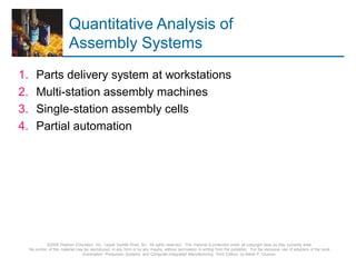 © 2008 Pearson Education, Inc., Upper Saddle River, NJ. All rights reserved. This material is protected under all copyright laws as they currently exist.
No portion of this material may be reproduced, in any form or by any means, without permission in writing from the publisher. For the exclusive use of adopters of the book
Automation, Production Systems, and Computer-Integrated Manufacturing, Third Edition, by Mikell P. Groover.
Quantitative Analysis of
Assembly Systems
1. Parts delivery system at workstations
2. Multi-station assembly machines
3. Single-station assembly cells
4. Partial automation
 