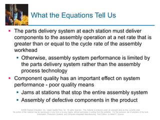 © 2008 Pearson Education, Inc., Upper Saddle River, NJ. All rights reserved. This material is protected under all copyright laws as they currently exist.
No portion of this material may be reproduced, in any form or by any means, without permission in writing from the publisher. For the exclusive use of adopters of the book
Automation, Production Systems, and Computer-Integrated Manufacturing, Third Edition, by Mikell P. Groover.
What the Equations Tell Us
 The parts delivery system at each station must deliver
components to the assembly operation at a net rate that is
greater than or equal to the cycle rate of the assembly
workhead
 Otherwise, assembly system performance is limited by
the parts delivery system rather than the assembly
process technology
 Component quality has an important effect on system
performance - poor quality means
 Jams at stations that stop the entire assembly system
 Assembly of defective components in the product
 