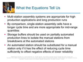 © 2008 Pearson Education, Inc., Upper Saddle River, NJ. All rights reserved. This material is protected under all copyright laws as they currently exist.
No portion of this material may be reproduced, in any form or by any means, without permission in writing from the publisher. For the exclusive use of adopters of the book
Automation, Production Systems, and Computer-Integrated Manufacturing, Third Edition, by Mikell P. Groover.
What the Equations Tell Us
 Multi-station assembly systems are appropriate for high
production applications and long production runs
 By comparison, single-station assembly cells have a
longer cycle time and are more appropriate for mid-range
quantities
 Storage buffers should be used on partially automated
production lines to isolate the manual stations from
breakdowns at the automated stations
 An automated station should be substituted for a manual
station only if it has the effect of reducing cycle time
sufficiently to offset negative effects of lower reliability
 