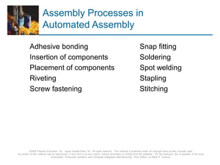 © 2008 Pearson Education, Inc., Upper Saddle River, NJ. All rights reserved. This material is protected under all copyright laws as they currently exist.
No portion of this material may be reproduced, in any form or by any means, without permission in writing from the publisher. For the exclusive use of adopters of the book
Automation, Production Systems, and Computer-Integrated Manufacturing, Third Edition, by Mikell P. Groover.
Assembly Processes in
Automated Assembly
Adhesive bonding Snap fitting
Insertion of components Soldering
Placement of components Spot welding
Riveting Stapling
Screw fastening Stitching
 