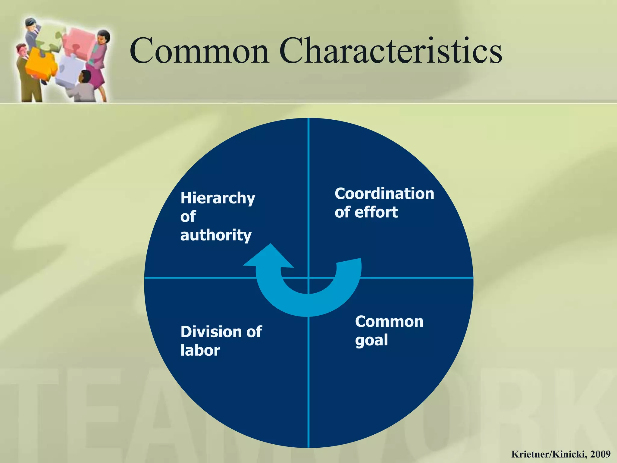 Common Characteristics


   Hierarchy     Coordination
   of            of effort
   authority




                   Common
   Division of
                   goal
   labor




                                Krietner/Kinicki, 2009
 