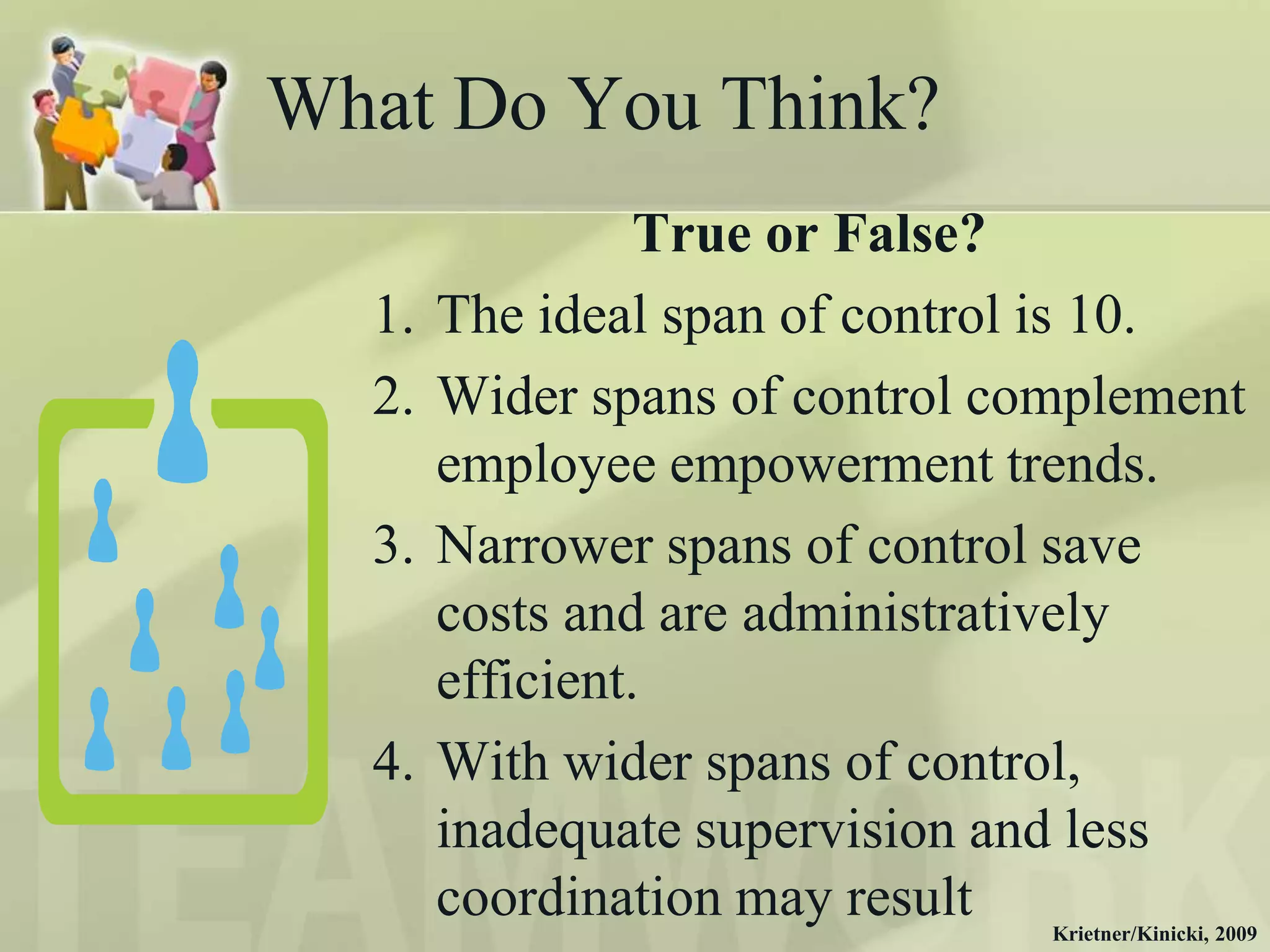 What Do You Think?
                 True or False?
  1.   The ideal span of control is 10.
  2.   Wider spans of control complement
       employee empowerment trends.
  3.   Narrower spans of control save
       costs and are administratively
       efficient.
  4.   With wider spans of control,
       inadequate supervision and less
       coordination may result  Krietner/Kinicki, 2009
 