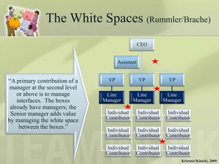 The White Spaces (Rummler/Brache)
                                                  CEO


                                      Assistant


“A primary contribution of a     VP               VP           VP
 manager at the second level
    or above is to manage       Line           Line           Line
    interfaces. The boxes      Manager        Manager        Manager
 already have managers; the
 Senior manager adds value      Individual     Individual     Individual
                                Contributor    Contributor    Contributor
by managing the white space
     between the boxes.”        Individual     Individual     Individual
                                Contributor    Contributor    Contributor

                                Individual     Individual     Individual
                                Contributor    Contributor    Contributor
                                                                       Krietner/Kinicki, 2009
 