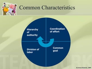 Common Characteristics


   Hierarchy     Coordination
   of            of effort
   authority




                   Common
   Division of
                   goal
   labor




                                Krietner/Kinicki, 2009
 