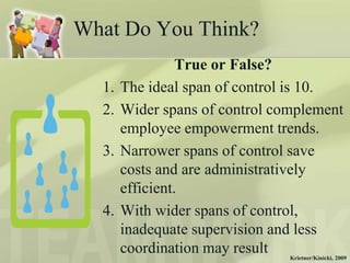 What Do You Think?
                 True or False?
  1.   The ideal span of control is 10.
  2.   Wider spans of control complement
       employee empowerment trends.
  3.   Narrower spans of control save
       costs and are administratively
       efficient.
  4.   With wider spans of control,
       inadequate supervision and less
       coordination may result  Krietner/Kinicki, 2009
 