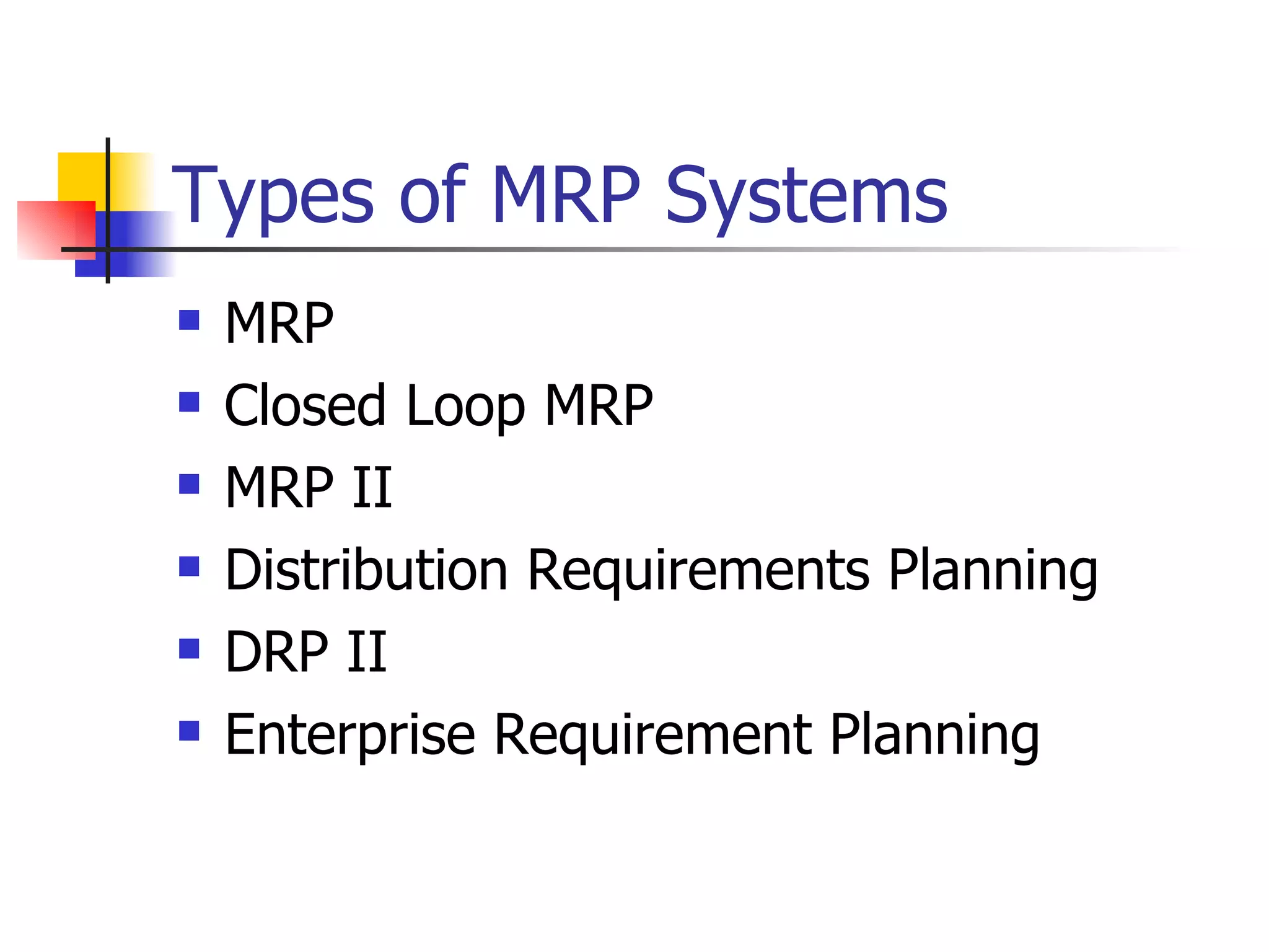 MRP Closed Loop MRP MRP II Distribution Requirements Planning DRP II Enterprise Requirement Planning Types of MRP Systems 