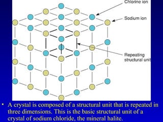 • A crystal is composed of a structural unit that is repeated in
three dimensions. This is the basic structural unit of a
crystal of sodium chloride, the mineral halite.
 
