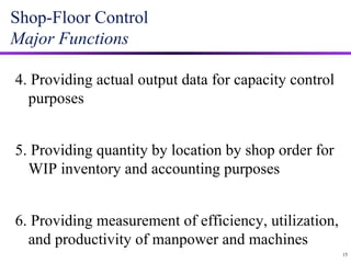 Shop-Floor Control Major Functions 4. Providing actual output data for capacity control purposes 5. Providing quantity by location by shop order for WIP inventory and accounting purposes 6. Providing measurement of efficiency, utilization, and productivity of manpower and machines  15 