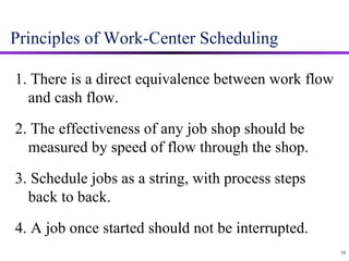Principles of Work-Center Scheduling 1. There is a direct equivalence between work flow and cash flow. 2. The effectiveness of any job shop should be measured by speed of flow through the shop. 3. Schedule jobs as a string, with process steps back to back. 4. A job once started should not be interrupted. 18 