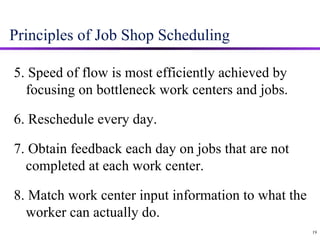 Principles of Job Shop Scheduling 5. Speed of flow is most efficiently achieved by focusing on bottleneck work centers and jobs. 6. Reschedule every day. 7. Obtain feedback each day on jobs that are not completed at each work center. 8. Match work center input information to what the worker can actually do. 19 