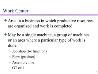 Work Center Area in a business in which productive resources are organized and work is completed. May be a single machine, a group of machines, or an area where a particular type of work is done.  Job shop (by function) Flow (product) Assembly line GT cell  3 