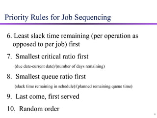 Priority Rules for Job Sequencing 6. Least slack time remaining (per operation as opposed to per job) first 7.  Smallest critical ratio first (due date-current date)/(number of days remaining) 8.  Smallest queue ratio first (slack time remaining in schedule)/(planned remaining queue time) 9.  Last come, first served 10.  Random order  8 