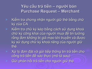Yêu cầu trả tiền – người bán Purchase Request – Merchant Kiểm tra chứng nhận người giữ thẻ bằng chữ ký của CA Kiểm tra chữ ký kép bằng cách sử dụng khoá chữ ký công khai của người mua để tin tưởng rằng đơn không bị giả mạo khi truyền và được ký sử dụng chữ ký khoá riêng của người giữ thẻ.  Xử lý đơn đặt và gửi tiếp thông tin trả tiền cho cổng trả tiền để xác thực (mô tả sau) Gửi phản hồi trả tiền cho người giữ thẻ 