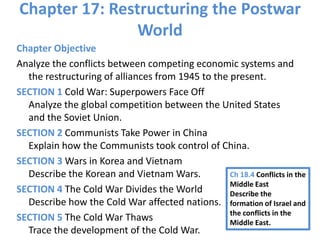 Chapter 17: Restructuring the Postwar
World
Chapter Objective
Analyze the conflicts between competing economic systems and
the restructuring of alliances from 1945 to the present.
SECTION 1 Cold War: Superpowers Face Off
Analyze the global competition between the United States
and the Soviet Union.
SECTION 2 Communists Take Power in China
Explain how the Communists took control of China.
SECTION 3 Wars in Korea and Vietnam
Describe the Korean and Vietnam Wars.
SECTION 4 The Cold War Divides the World
Describe how the Cold War affected nations.
SECTION 5 The Cold War Thaws
Trace the development of the Cold War.
Ch 18.4 Conflicts in the
Middle East
Describe the
formation of Israel and
the conflicts in the
Middle East.
 