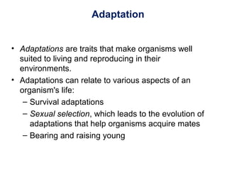 Adaptation
• Adaptations are traits that make organisms well
suited to living and reproducing in their
environments.
• Adaptations can relate to various aspects of an
organism's life:
– Survival adaptations
– Sexual selection, which leads to the evolution of
adaptations that help organisms acquire mates
– Bearing and raising young
 