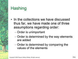 Hashing In the collections we have discussed thus far, we have made one of three assumptions regarding order: Order is unimportant Order is determined by the way elements are added Order is determined by comparing the values of the elements 