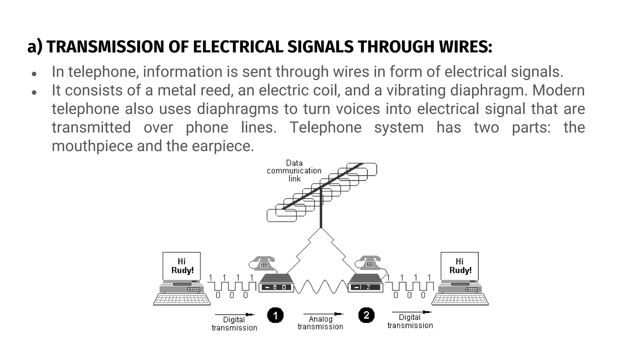 a) TRANSMISSION OF ELECTRICAL SIGNALS THROUGH WIRES:
● In telephone, information is sent through wires in form of electrical signals.
● It consists of a metal reed, an electric coil, and a vibrating diaphragm. Modern
telephone also uses diaphragms to turn voices into electrical signal that are
transmitted over phone lines. Telephone system has two parts: the
mouthpiece and the earpiece.
 