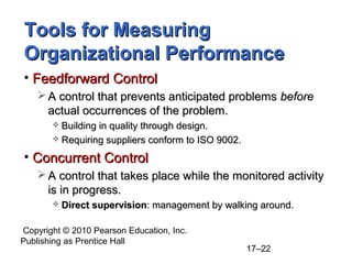 Tools for Measuring
Organizational Performance
• Feedforward Control
    A control that prevents anticipated problems before
     actual occurrences of the problem.
        Building in quality through design.
        Requiring suppliers conform to ISO 9002.

• Concurrent Control
    A control that takes place while the monitored activity
     is in progress.
          Direct supervision: management by walking around.

Copyright © 2010 Pearson Education, Inc.
Publishing as Prentice Hall
                                                    17–22
 