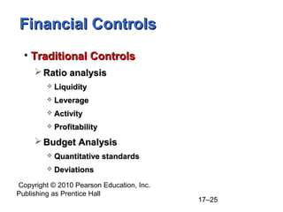 Financial Controls
  • Traditional Controls
      Ratio analysis
            Liquidity
            Leverage
            Activity
            Profitability
      Budget Analysis
            Quantitative standards
            Deviations
Copyright © 2010 Pearson Education, Inc.
Publishing as Prentice Hall
                                           17–25
 