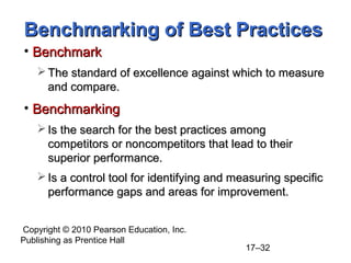 Benchmarking of Best Practices
• Benchmark
    The standard of excellence against which to measure
     and compare.
• Benchmarking
    Is the search for the best practices among
     competitors or noncompetitors that lead to their
     superior performance.
    Is a control tool for identifying and measuring specific
     performance gaps and areas for improvement.


Copyright © 2010 Pearson Education, Inc.
Publishing as Prentice Hall
                                             17–32
 