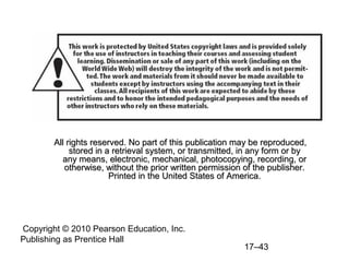 All rights reserved. No part of this publication may be reproduced,
             stored in a retrieval system, or transmitted, in any form or by
           any means, electronic, mechanical, photocopying, recording, or
           otherwise, without the prior written permission of the publisher.
                        Printed in the United States of America.




Copyright © 2010 Pearson Education, Inc.
Publishing as Prentice Hall
                                                           17–43
 
