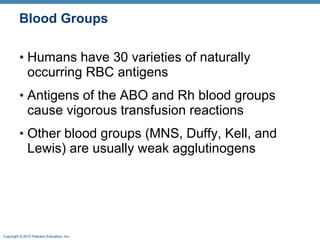 Blood Groups Humans have 30 varieties of naturally occurring RBC antigens Antigens of the ABO and Rh blood groups cause vigorous transfusion reactions  Other blood groups (MNS, Duffy, Kell, and Lewis) are usually weak agglutinogens 