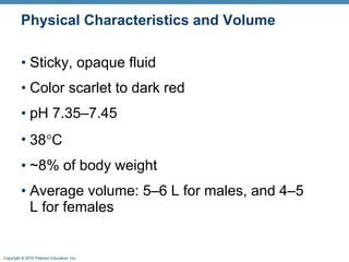 Physical Characteristics and Volume Sticky, opaque fluid Color scarlet to dark red pH 7.35–7.45 38  C ~8% of body weight Average volume: 5–6 L for males, and 4–5 Lfor females 