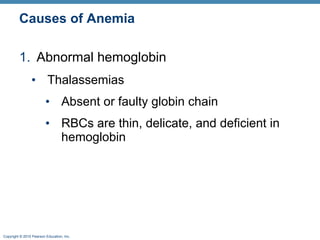 Causes of Anemia Abnormal hemoglobin Thalassemias Absent or faulty globin chain  RBCs are thin, delicate, and deficient in hemoglobin 