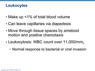 Leukocytes Make up <1% of total blood volume Can leave capillaries via diapedesis Move through tissue spaces by ameboid motion and positive chemotaxis Leukocytosis: WBC count over 11,000/mm 3 Normal response to bacterial or viral invasion 