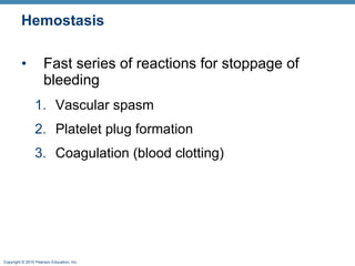 Hemostasis Fast series of reactions for stoppage of bleeding Vascular spasm  Platelet plug formation Coagulation (blood clotting) 