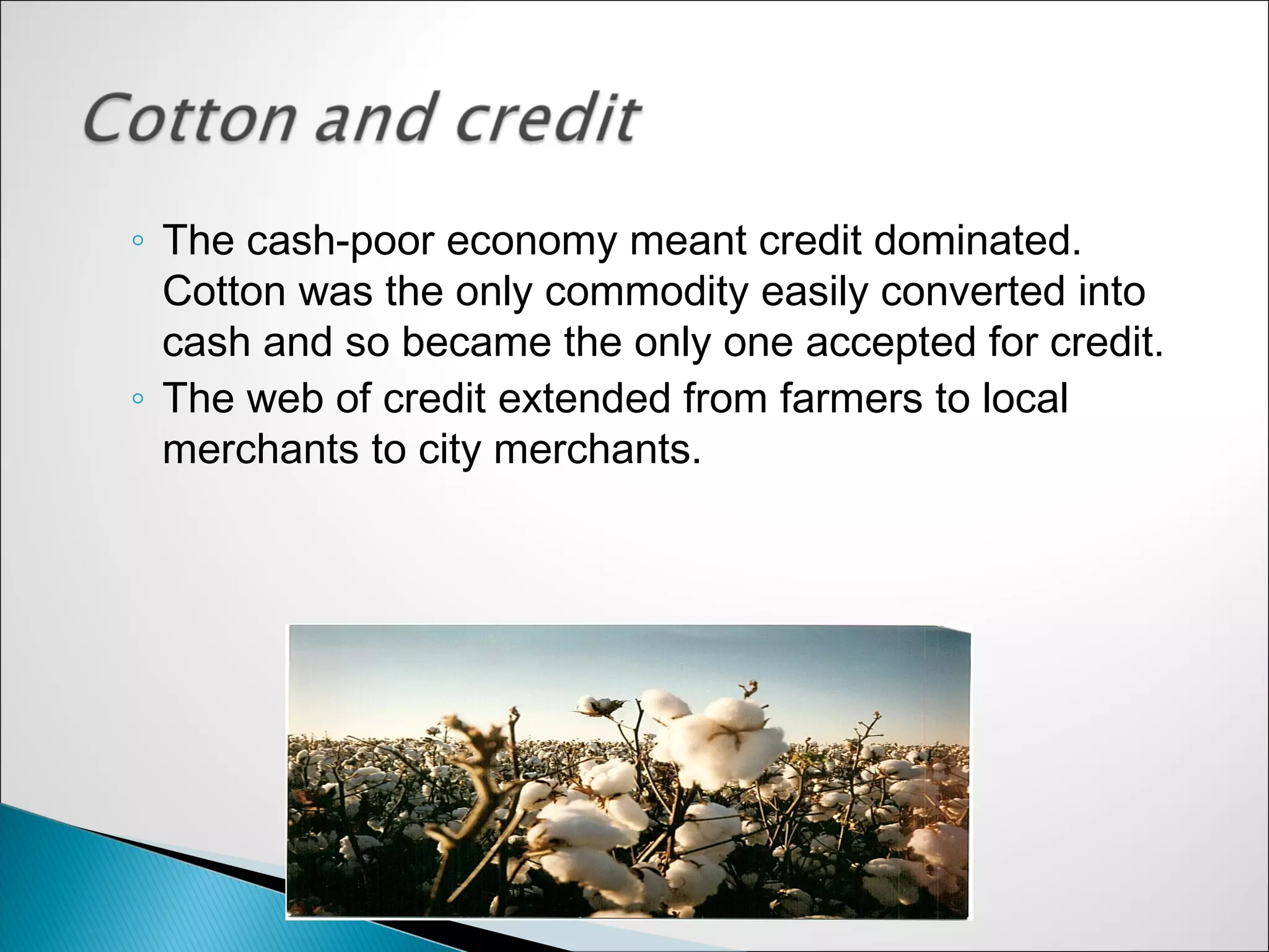 ◦ The cash-poor economy meant credit dominated.
  Cotton was the only commodity easily converted into
  cash and so became the only one accepted for credit.
◦ The web of credit extended from farmers to local
  merchants to city merchants.
 