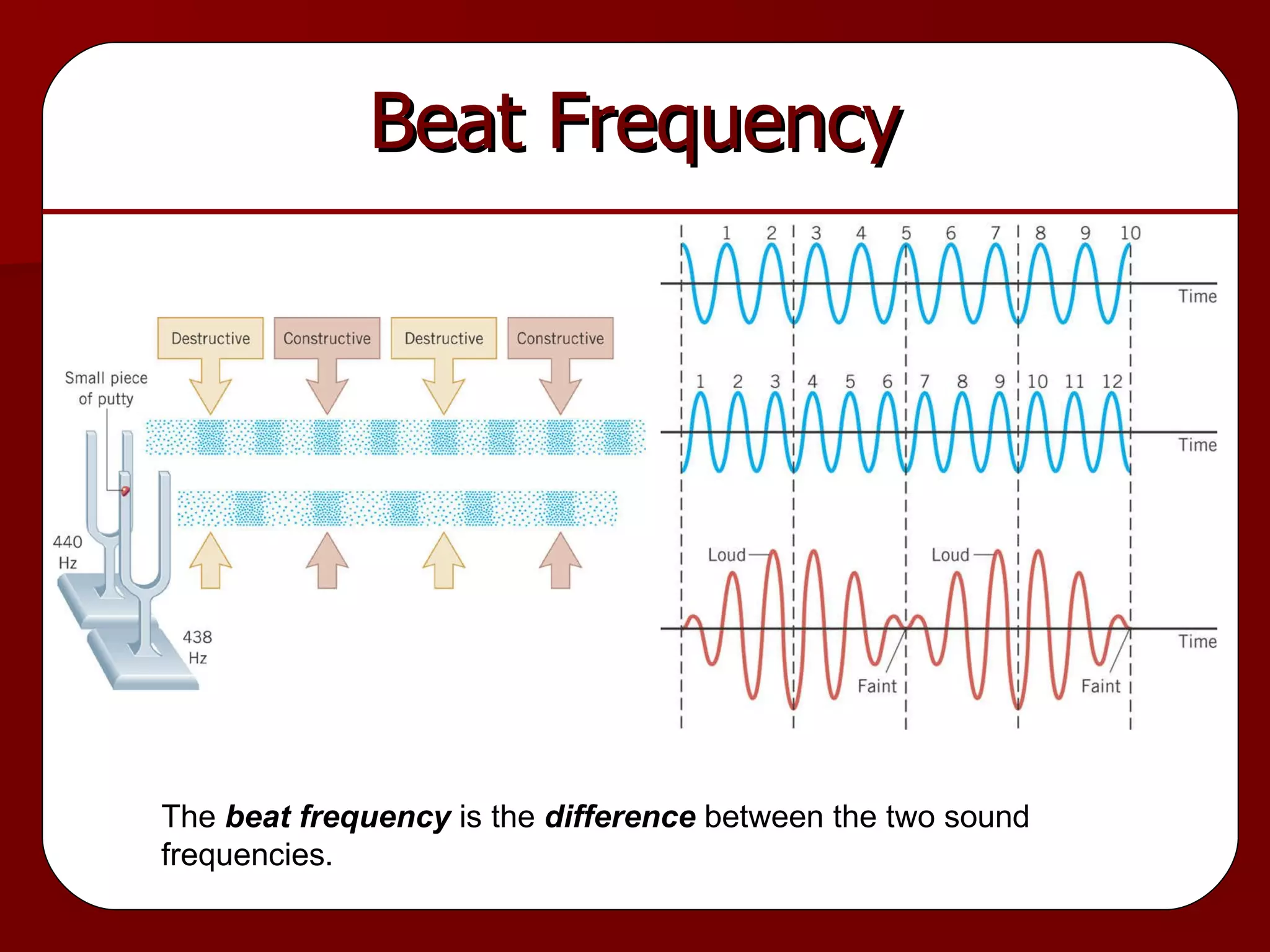 Beat Frequency The  beat frequency  is the  difference  between the two sound frequencies. 